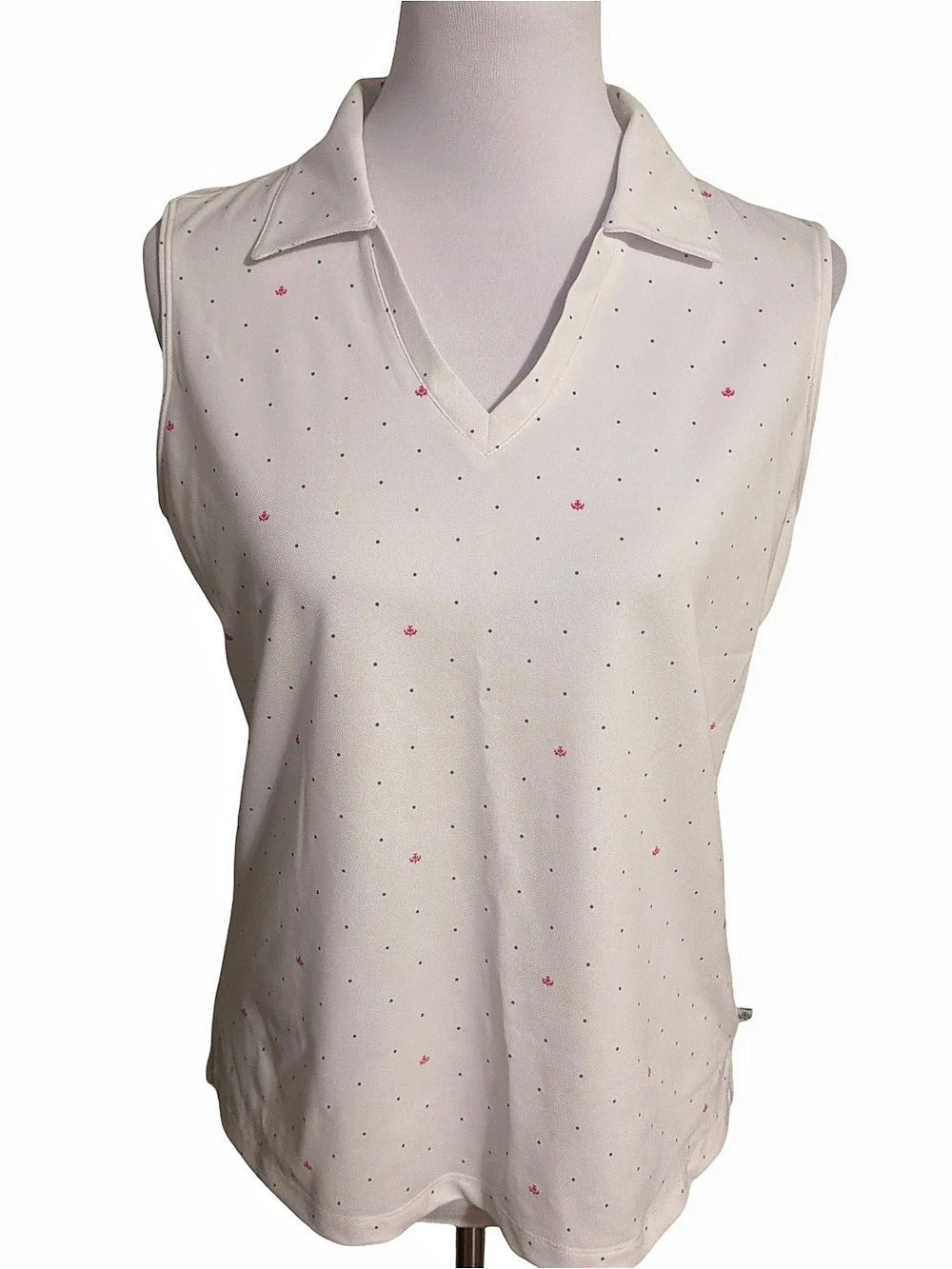 Lady Hagen Sleeveless Polka Dot Blouse in White & Pink